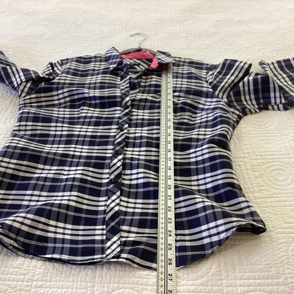 Beluva San Francisco Button Up Shirt Crinkle Blue Plaid Long Sleeves Size L - Picture 8 of 11